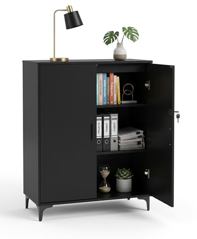 Amveya Aktenschrank aus Holz, abschließbarer Mehrzweckschrank mit 2 Türen und verstellbaren Einlegeböden, Büroschrank für Büro, Wohnzimmer und Garage, 80 x 40 x 100 cm, Schwarz
