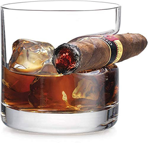 Whiskey Glass with Built-in Cigar Rest,Hand-Free for Cigar Lovers Old Fashion Ultra Clear Glass,320ml (Round A)