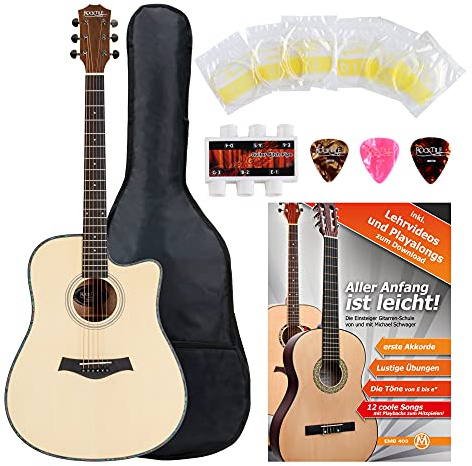 Rocktile WSD-100C NT Guitare Western Débutant - Corps Dreadnought Cutaway - Table Épicéa - Fond & éclisses Acajou - Manche Okoumé - incl. housse, cahier, cordes & médiators - Naturel