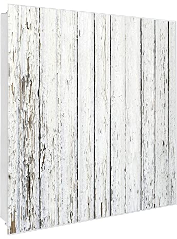 banjado Großer Schlüsselkasten Glas - Schlüsselbox 30x30cm mit 50 Haken - Schlüsselkasten modern für Schlüsselaufbewahrung mit beschreibbarer, magnetischer Glastür - Motiv Holz Weiß