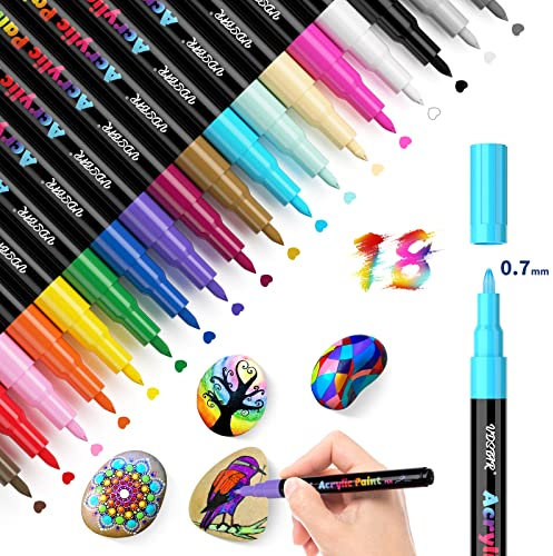 Micetyaler Acrylstifte für Steine Bemalen Set, 18 Farben Permanent Marker Wasserfeste Stifte 0,7mm feine Spitze für Leinwan DIY Ostereier Keramik Glas Porzellan Metall Kunststoff Holz