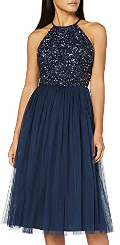 Maya Deluxe Vestido Midi Adornado con Cuello Halter Dama de Honor, Azul Marino, 50 para Mujer