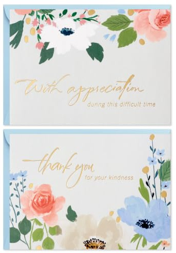 Hallmark begravning tackkort sortiment, guldfolie blommor (50 tack för ditt sympatikort med kuvert)