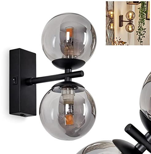 vägglampa Remaisnil, modern vägglampa av metall/glas i svart/rökfärg, väggspot 2-lampa i modern design, on/off-knapp på höljet, 2 x G9, utan glödlampor
