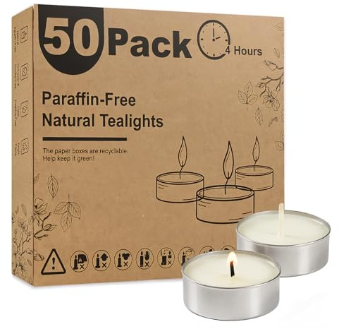 Ashlux Lumini Tealight Bianchi in Cera di Palma, 50 Pezzi, Combustione Pulita 4,5 Ore, Senza Fumo né Profumo, Antigoccia con Contenitore in Alluminio, Ideali per Tavola, Matrimoni e Blackout