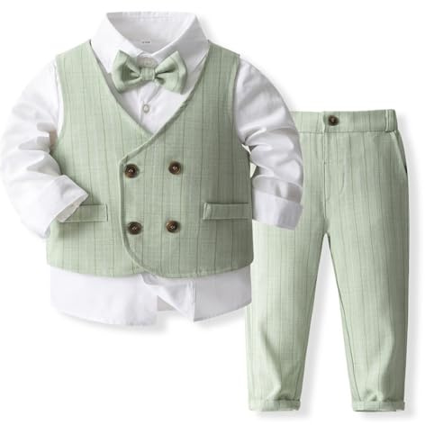 IMEKIS Costume de gentleman formel pour bébé garçon, anniversaire, mariage, baptême, chemise boutonnée à manches longues + pantalon + gilet + nœud papillon, ensemble de 4 pièces, vert clair, 2-3 ans