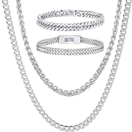Uirheurd 4 Stücke Armband und Halskette Set - 2 Edelstahl Armbänder (19cm) und 2 Silber Halsketten (60cm) für Herren