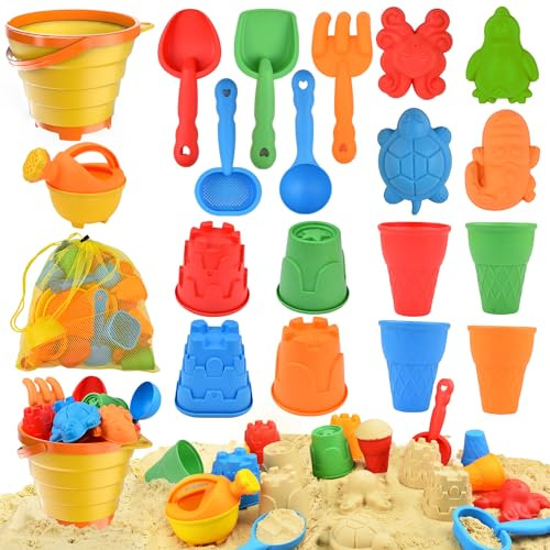 Sotodik Beach Toys Set for Kids, Collapsible Sand Bucket and Shovels Set with Watering Can,Mesh Bag, Ice Cream &Animal Sand Molds,Travel Beach Toys for Toddler Boys Girls Age 3 4 5 6 7 8+ (19)