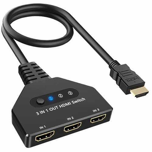 Hxwlo 3 in 1 Out HDMI Switch, 4K@30Hz Multi-Port Adapter with 1.4 FT HDMI Cable, Supports 3D, HDCP 2.2, Compatible with Xbox, Roku Stick, HDTV, PS4/5, PC, Laptop, Xbox, Blu-Ray Player, Etc.