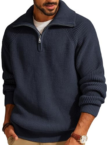 PJ PAUL JONES Herrenpullover Troyer mit Reißverschluss Half Zip Pullover Waffel Stehkragen Strickpullover L Navy Blau