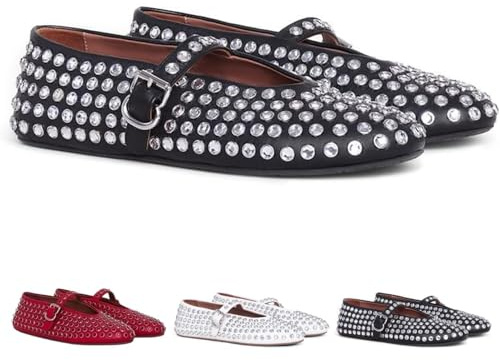 Ballerines à strass pour femmes, chaussures Mary Jane à boucle brillante et bout rond, ballerines à embellissements cloutés (Noir, 3)