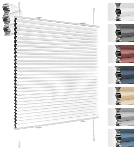 Deswell Plissee Verdunklung Klemmfix Wabenplissee B45 x H130 cm Weiß Thermoplissee ohne Bohren Faltrollo für Fenster & Tür, 100% Blickdicht, Sicht- & Schallschutz Wärmehaltung Verdunklungsplissee