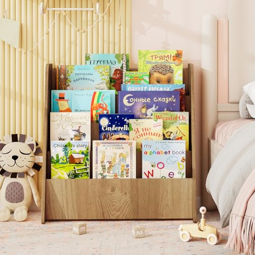 DREAMADE Bibliothèque Enfants à 4 Niveaux,Étagère à Livres avec Pieds Antidérapants,Structure Trapézoïdale,Meuble de Rangement pour Chambre d'enfant,Salle de Jeux,57x26x56CM (Naturel)