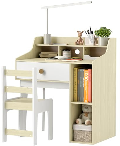 AIYAPLAY Set Scrivania per Bambini di 3-10 Anni e Sedia in MDF, Banco Scuola per Bambini con Ripiani Portaoggetti e Cassetto, Bianco e Legno