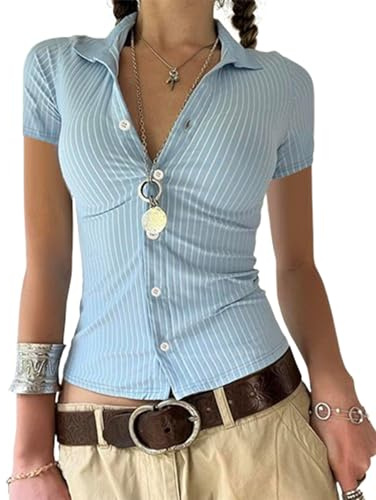 Felcia Women Summer Y2K Striped Shirt Short Sleeve Lapel Collar V Neck Button Down Office Blouse Vintage Slim Fit Ruched Business Top (Blue A, S)