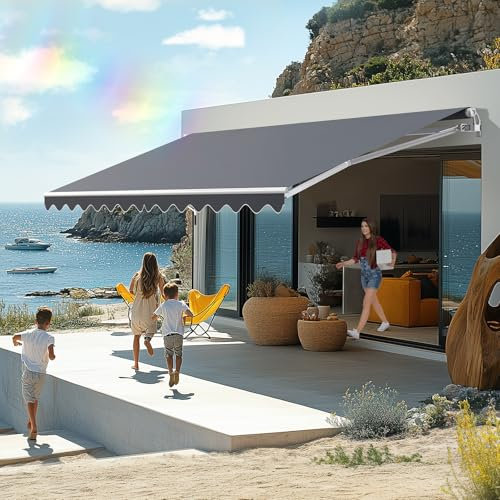 Auvent Téléscopique 2.5x2M avec Manivelle,Store Banne Manuel Rétractable,Auvent à Bras Articulés,Store de Terrasse,Store pour Balcon,Résistant aux UV/Eau,Angle Réglable,Marquise Soleil de Balcon,Gris