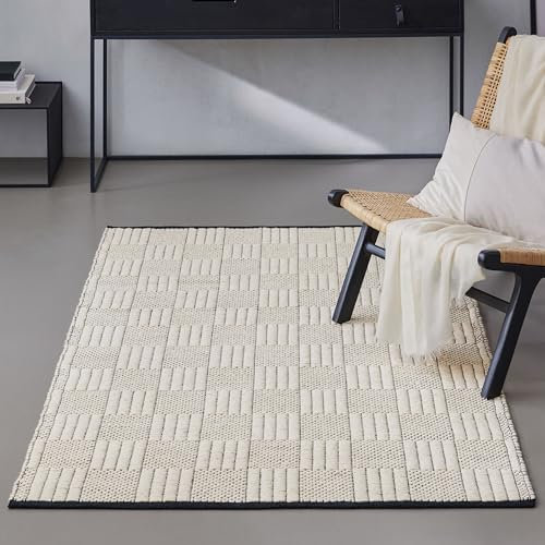 WECONhome - Tappeto di lana lana, tessuto a mano, in lana vergine con effetto alto e bordo rimagliato a mano, certificato GoodWeave, naturale e di alta qualità (140 x 200 cm, bianco crema
