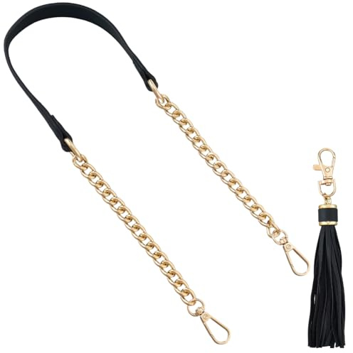 CALFOVERA Correa de Cadena de Cuero Sintético para Bolso con Borla Colgante, 60cm, de Microfibra, para Bolso de Mano, Asa Plana de Repuesto para Bolso de Hombro, Bandolera (Negro Y Dorado)