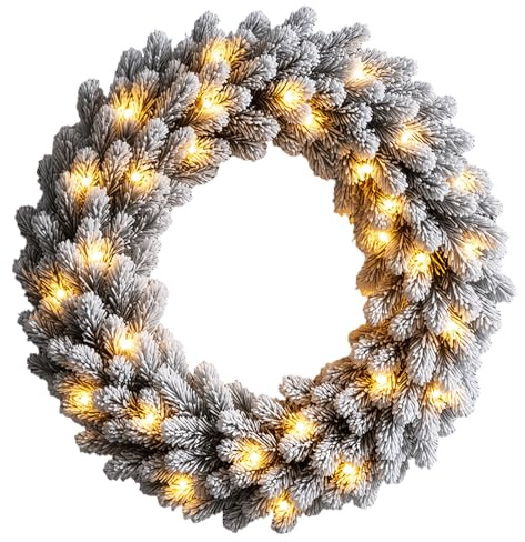 KOIUEYW Couronne de Noël Porte Artificielle 60 cm, Couronne de Porte de Noël avec Neige et LED Blanc Chaud, Décoration de Porte pour Fenêtre, Cheminée, Mural, Vitre, Extérieure et Intérieure