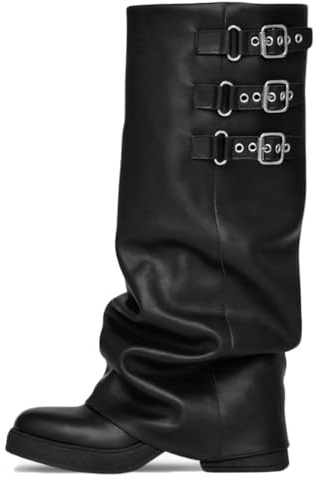 EQAUDES Black Slouch Tall Boots For Women Fall Fold Over Knee High Wide Calf Boot - Hidden Zipper, Platform Sole, Goth, Combat Boots, Buckle