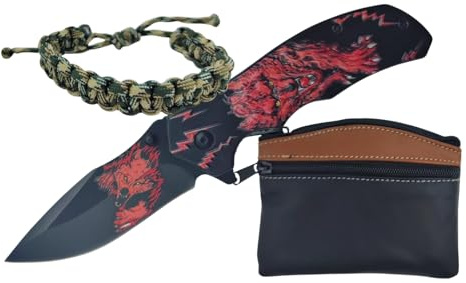 TORO SURVIVAL Set regalo navaja plegable 3Cr13MoV 8,7 cm Liner Lock con clip diseño lobo 3D + pulsera paracord ajustable + monedero de piel 10,5x8 cm en caja (Lobo Rojo)