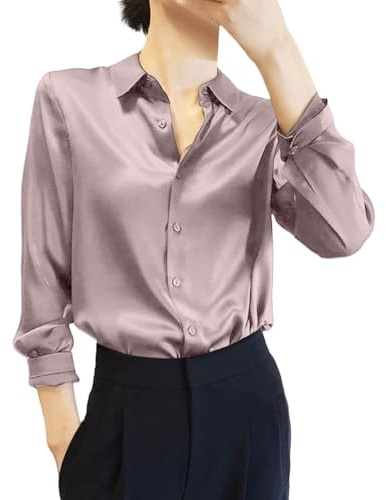 Blusa Mujer Elegante Fiesta Raso Blusas Elegantes de Satén Manga Larga Camisa Talla Grande Chic Oficina Camiseta Color Sólido Casual Top Cuello Abierto con Botones Seda Tops Cómodo Moda Básico Boda