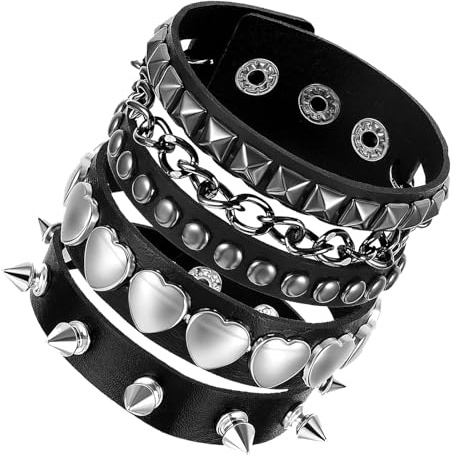shweehon 3 PCS Punk Rock Studded Bracelets Set, Punk Bracelets, Punk Studded Bracelet, 80s Theme Retro Bracelets, for Men and Women with Adjustable Buckle(Black)