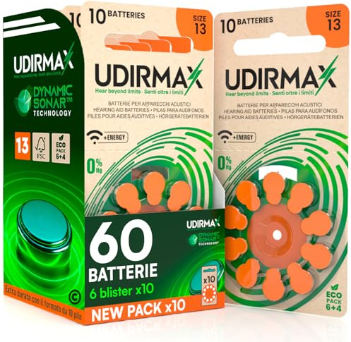 60 Pilas para Audífonos PR48 Naranjas Tamaño 13 Udirmax Batteries Zinc-Aire con Tecnología Dynamic Sonar Libres de Mercurio 1.45V Formato Eco Pack 6 Blísters Ecológicos de 10 Pila