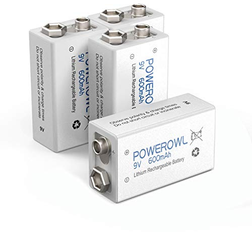 POWEROWL 9V Rechargeable Batteries 600mAh Lithium-ion Low Self Discharge Battery for Smoke Dectector and More 4 Pack