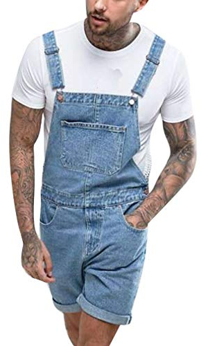 GUOCU Pantalones Cortos de Mezclilla para Hombres Desgastados Vaqueros Peto Monos Vintage Roll Up Casual Trabajo Jumpsuit Azul claro M