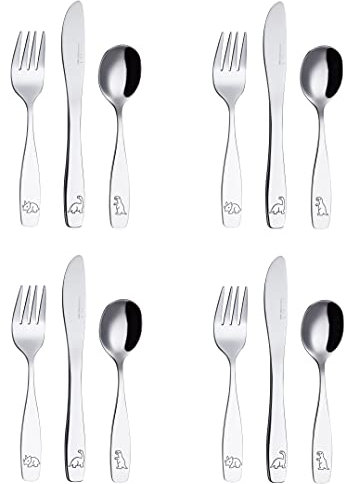 EXZACT Kinderbesteck 12 teiliges aus rostfreiem stahl/spülmaschinengeeignet Gravurbesteck - 4 x Gabeln, 4 x Sicherheitsmesser, 4 x Esslöffel - Dinosaurier (12 Stk Dinosaurier)