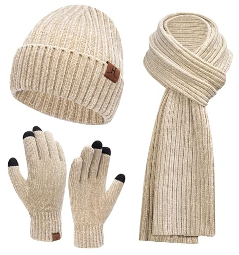 Womens Winter Knit Warm Hat Beanie Long Scarf Touch Screen Gloves Set Skull Caps Neck Scarves for Women Men Beige