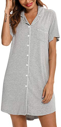 Senert Women's Nightgown Short Sleeve Sleep Nightshirt Breastfeeding Loungewear Button Down Pajama Dress Light Grey Medium