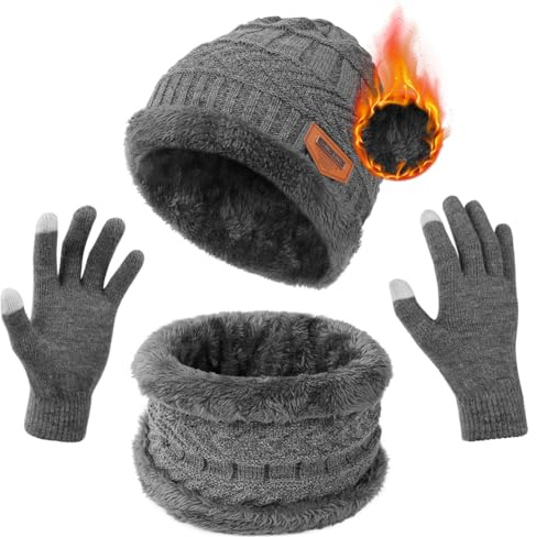flintronic 3 in1 Winter Hat Scarf Gloves Set, Winter Warm Elastic Knitted Beanie, Circle Scarf and Touch Screen Gloves Set, Outdoor Sports Thicken Soft Fleece Inner Lining Gift for Men Women-Grey