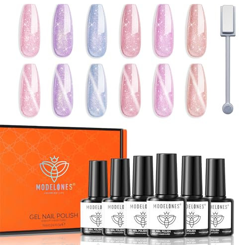 modelones Esmalte de Uñas UV, 6 Colores Esmalte de Uñas de Gel con Imán, Set de UV de Gel Ojo de Gato con Brillo Rosa Azul Soak Off Manicura Francesa
