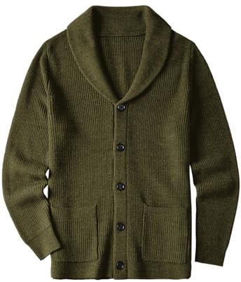 Mäns Cardigan halsduk krage väska trådade enfärgade knappar höst och vinter Mens kläder_Olive_X-Large