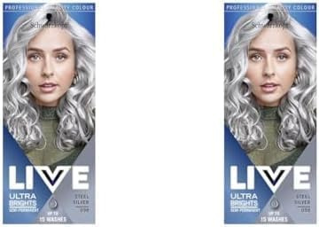 Schwarzkopf LIVE Ultra Brights Or Pastels, Vibrant Semi-permanent Silver Hair Dye, Lasts Up to 15 Washes, Steel Silver 098 (Pack of 2)