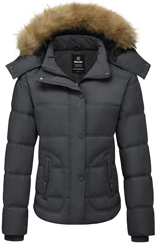 Wantdo Manteau Femmes Hiver Chaud Coupe-vent Veste Rembourrée avec Capuche Amovible Veste en Duvet Imperméable Gris Foncé L