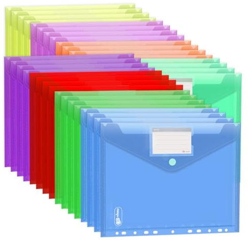 Agoer Dokumententasche A4 Abheftbar 32 Stück, [ Breitere Größen ] 8 Farben Dokumentenmappe A4 Klettverschluss mit 11 Lochrand und Etikettentasche, Transparent Foldersys Mappen Ordnersystem