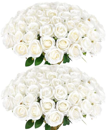 Rowfad 120 Pcs Artificial Roses Bulk Velvet Silk White Roses White Roses for Wedding Centerpieces Bridal Bouquet Mohter's Day Home Decor (120, White)