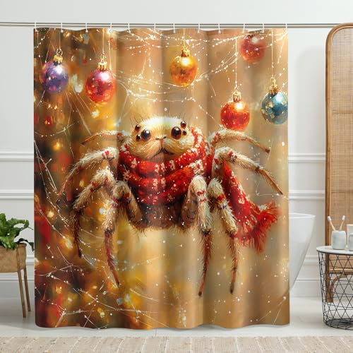 Rideau de douche motif araignée de Noël, décoration de bain colorée avec araignée mignonne et ornements, ensemble de rideaux de salle de bain imperméables modernes et festifs avec crochets 183 x 198