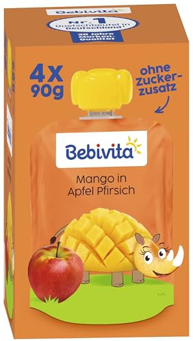 Bebivita Quetschbeutel Mango in Apfel Pfirsich, 4 x 90g 4er Pack (4x4x90g)