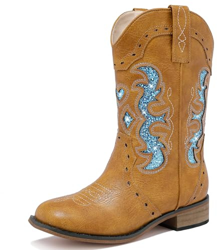 LAURMOSA Boys Cowboy Boots for Kids Western Sparkle Cowboy Dress Boots Size 11 for Boys Zipper Square Toe Embroidered Mid Calf Horseback Riding Shoes Cowgirl Party(L1050TanBlue 11)