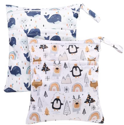 Kaisibum 2 Stück wasserdichte Stoffwindeln Nasstaschen Große Wickeltasche Wetbag Nasstaschen Wiederverwendbare,Cartoon-Druck Wet Dry Cloth Windeltasche mit Reißverschluss für Baby Reisen Unterwegs