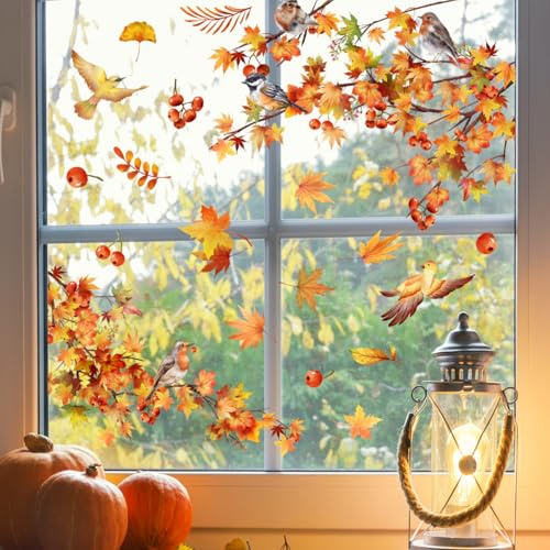AIBIIN Autumn Window Stickers Autumn Maple Leaves Birds Window Clings Fall Stickers for Home Decor Seasonal Decals for Glass Doors Windows with Vibrant Yellow Leaves Design