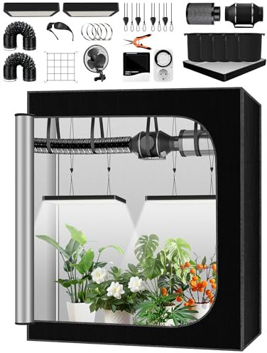 Set completo per coltivazione indoor, grow box 60x120x180 cm, sistema di coltivazione con lampada LED da 2x100 W, ventilatore automatico da 4 pollici, filtro al carbone e ventilatore