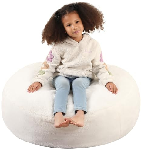 MOMCAYWEX 2-in-1 Kids Round Bean Bag Chair, Fluffy Beanbag with High-Density Foam Fillings for Toddlers, Reading Floor Cushion Chair Corner, 10x 35, Cream