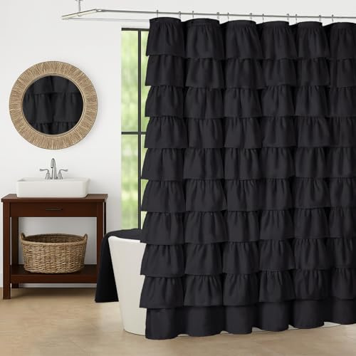 XOGUIBO Black Ruffle Shower Curtains for Bathroom Cute 72 W x 72 L