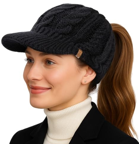 TOP-EX ChicPony - Gorro de lana merino con visera y 3 aberturas para trenzar forro polar, cálido y resistente al viento, Classic Black Pony, M-L