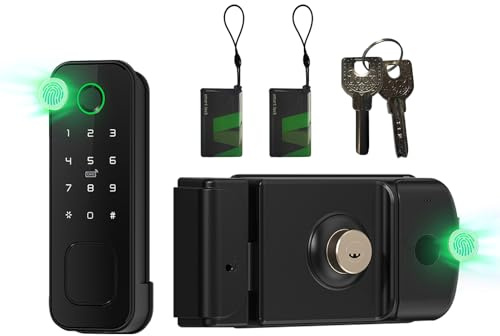 AloveH Cerradura Inteligente Impermeable IP66 para Exteriores - Huella Digital de Doble Cara y Entrada de Tarjeta - Cerradura 5 en 1 para Portón/Verja de Jardín/Patio con WiFi (Negro)